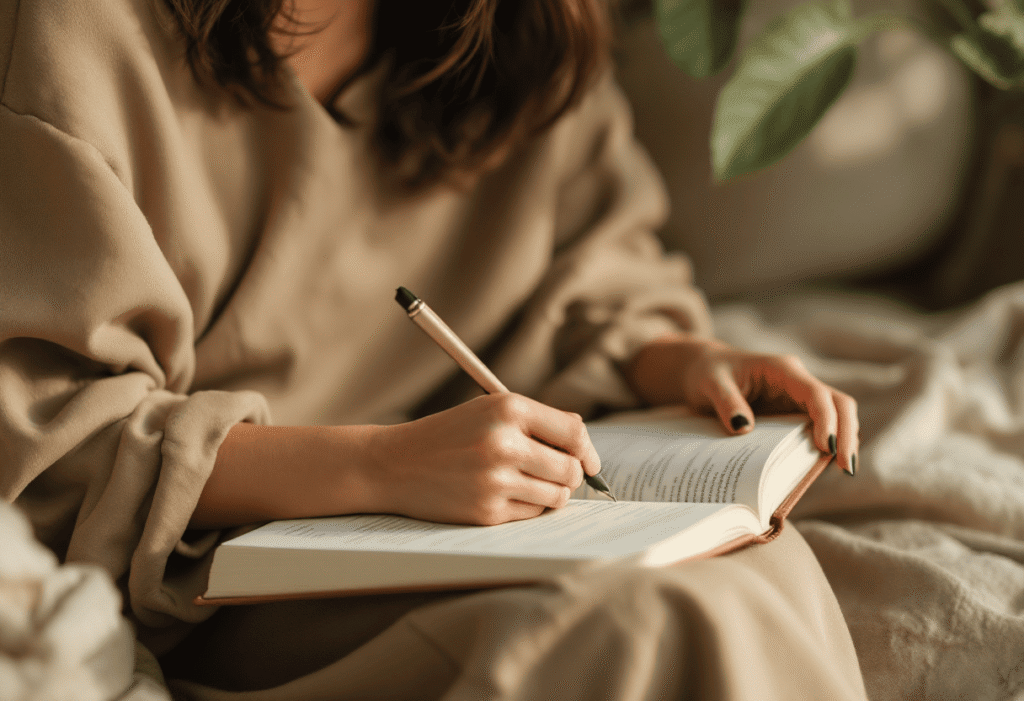 Mulher praticando escrita terapêutica para saúde emocional