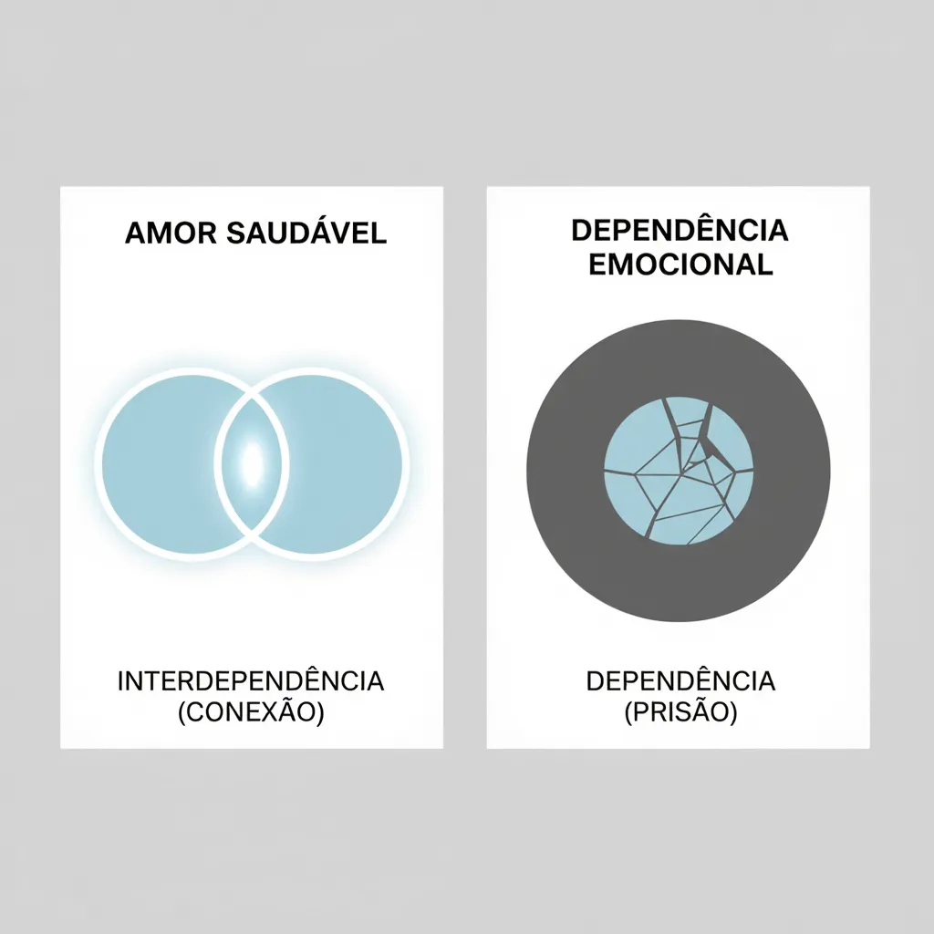 Infográfico comparativo visualizando a diferença entre amor saudável (interdependência de dois seres inteiros) e o que é dependência emocional (fusão e perda de identidade).