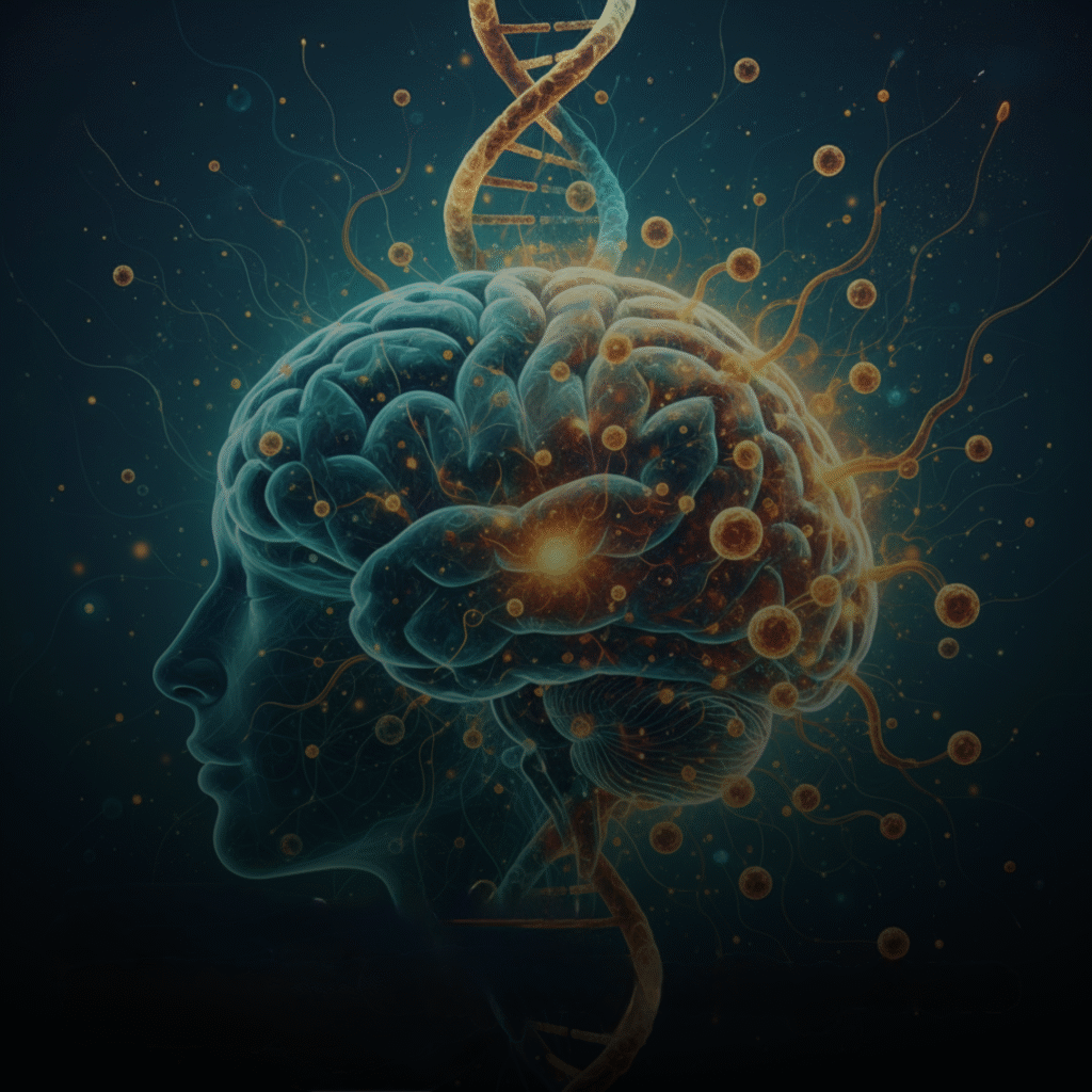 Representação da neurobiologia das emoções através de conexões neurais iluminadas em um cérebro humano.
