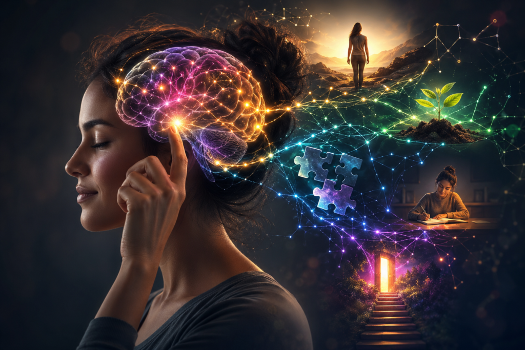 Representação visual da Neuroplasticidade mostrando o crescimento de novas conexões neurais e mudança comportamental.