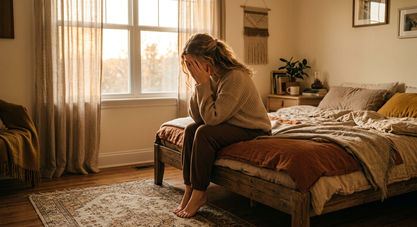 Mulher reflexiva em seu quarto, associada ao sentimento de dor de quem diz: não consigo terminar um relacionamento que me faz mal.